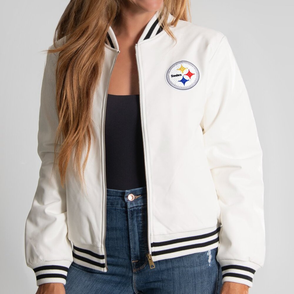 NFL Pittsburgh Steelers White Vegan Leather Jacket